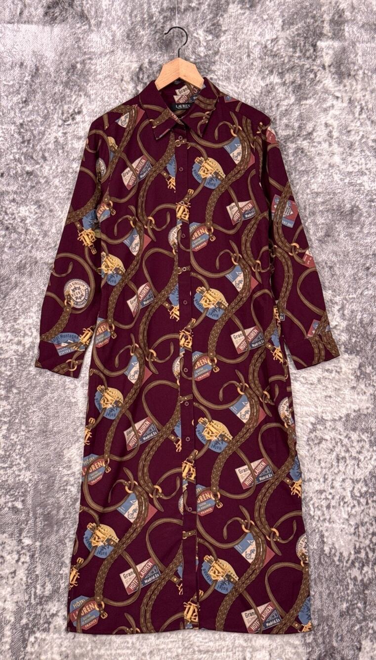 Lauren Ralph Lauren Shirt Dress 8 Womens Travel Print Long Sleeve Button Midi